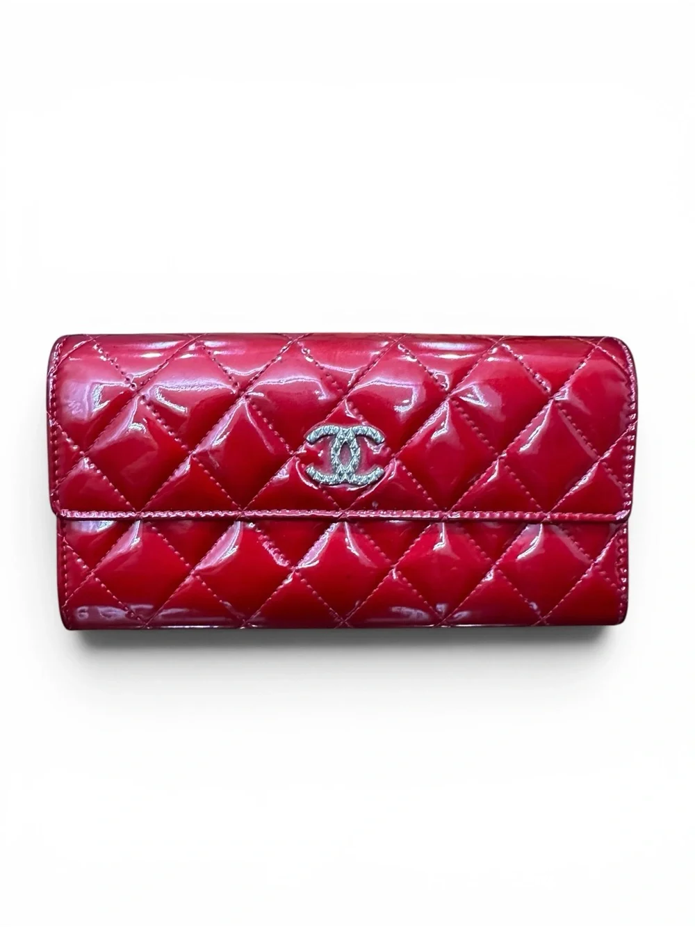 Chanel Classic Red Patent Quilted Long Flap Wallet Silver CC 13 Series